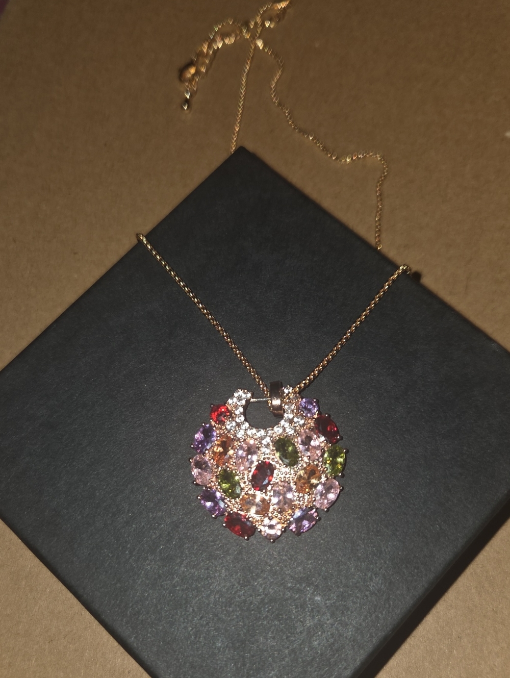Multicolor Crystal Pendant Necklace - Gold Tone